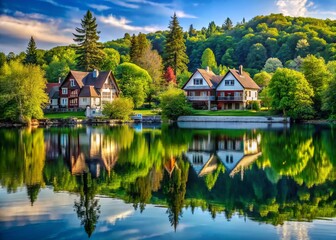 Obraz premium Serene lakefront scene featuring majestic houses surrounded by lush greenery and towering trees, reflected perfectly in