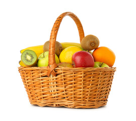 Many fresh ripe fruits in basket isolated on white