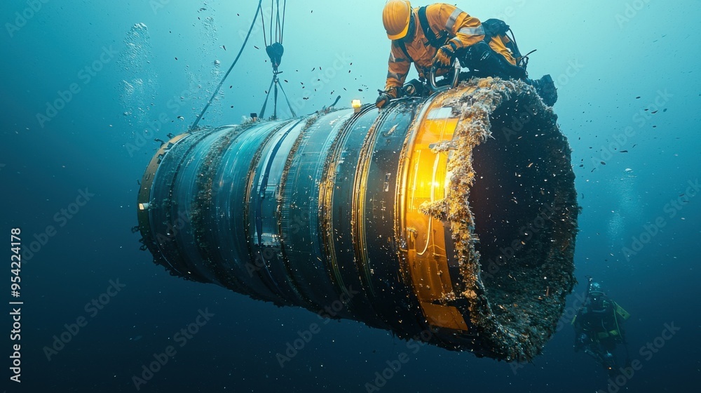 Wall mural an underwater construction crew installing a large, translucent undersea internet cable along the oc