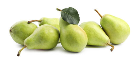 Fresh ripe pears with green leaf isolated on white