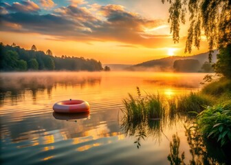 Serene landscape of a tranquil lake at sunset, with a lone inflatable float gently drifting away from the