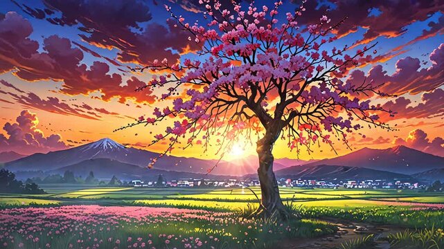 A single cherry blossom tree stands in a field with the sun setting behind a mountain range.