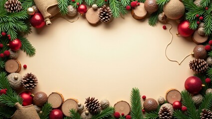 Rustic Christmas Sale frame design with Copy Space, rustic wooden, pine cones, with a blank center area for sale details or promotional messages or product presentation.