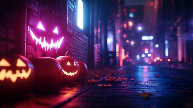 A spooky alley filled with glowing jack-o'-lanterns, creating an eerie atmosphere perfect for Halloween celebrations.