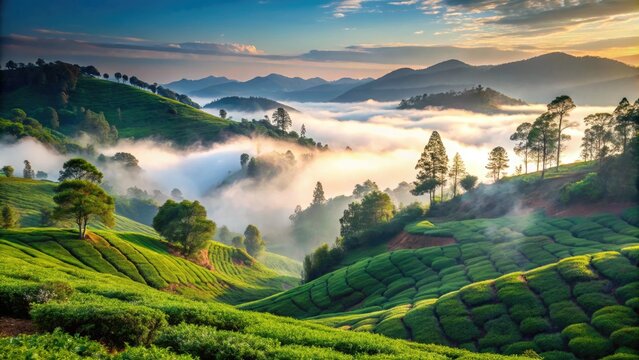 Serene misty morning landscape of rolling hills and tea plantations in the Nilgiri Hills near Coonoor, Tamil Nadu, India, with fog slowly lifting.