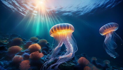 Naklejka premium Bioluminescent Symphony: A mesmerizing underwater ballet of pink and blue jellyfish, their ethereal glow illuminating the deep ocean. A surreal and captivating scene of marine life. 