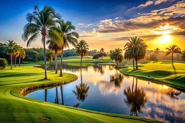 Obraz premium Serene morning landscape of a manicured Florida golf course with lush green fairways, sparkling water hazards, and