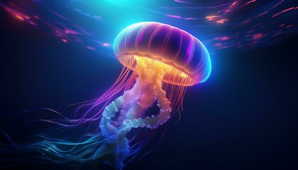 Bioluminescent Symphony: A mesmerizing underwater ballet of pink and blue jellyfish, their ethereal glow illuminating the deep ocean. A surreal and captivating scene of marine life. 