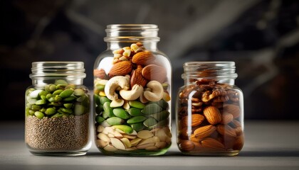 Nutty Abundance: A glass jar overflows with a vibrant medley of mixed nuts, capturing the essence of healthy snacking and wholesome goodness.