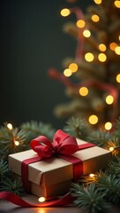 Christmas Gift Box with Copy Space, beautifully wrapped Christmas gift box with a bow, surrounded by pine branches and twinkling lights, with copy space promotional Christmas sale,vertical orientation