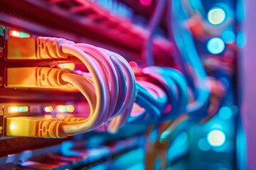 Network cables plugged into server rack in data center connectivity concept