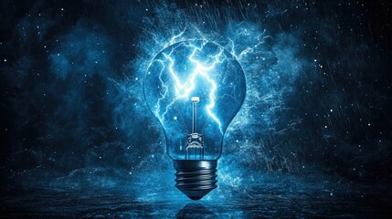 A blue light bulb illuminated with a lightning strike behind it, symbolizing energy and power.