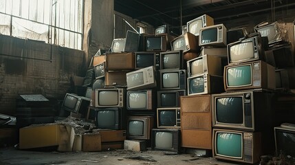 A chaotic stack of old-fashioned, boxy TV sets, some with static screens, in a dusty, abandoned warehouse.