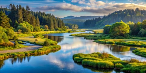 Fototapeta premium Serene morning scene of the Coquille River winding its way through lush green forests and wetlands in a