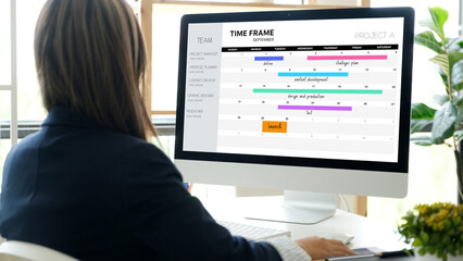 Woman using computer with timeline project schedule, work plan mangement, at home office
