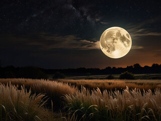 Fototapeta premium Harvest moon and silver grass field
