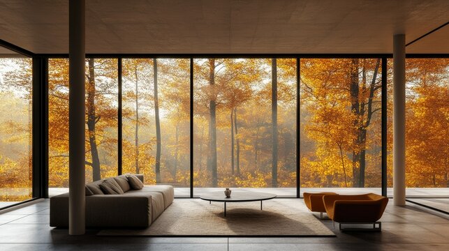 A modern interior with minimalist furniture, featuring large windows that open to a glowing autumn forest view.