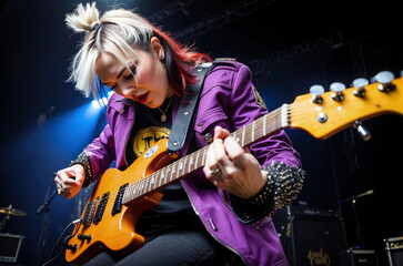 Obraz premium female Heavy metal guitarist and vocalist on stage at a concert full of strength and anger