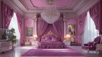 A royal pink room with a magnificent crystal chandelier, perfect for a princess, exuding luxury and opulence.