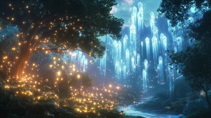 Enchanting Forest with Glowing Lights and Crystal Spires