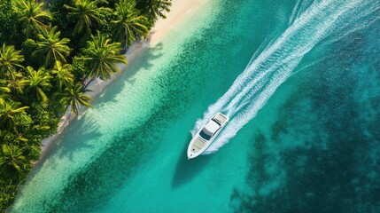 Aerial view of a white speedboat cutting through the turquoise waters near a tropical island, with palm trees on the shore.