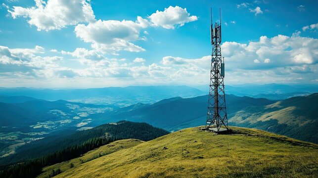 Antenna signal tower on a mountain hill, rural landscape around with natural scenery, symbolizing connection in remote areas