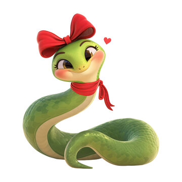 Cute green snake with red ribbon bow and scarf isolated on transparent background. Female animal character, zodiac sign. Symbol of Chinese New Year 2025. 3d illustration for design