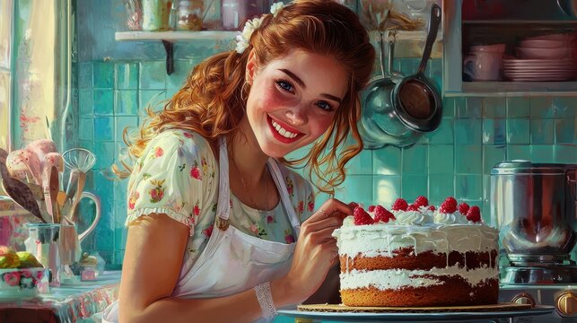 A cheerful baker decorates a delicious cake in a vibrant kitchen, capturing the joy of baking and creativity.