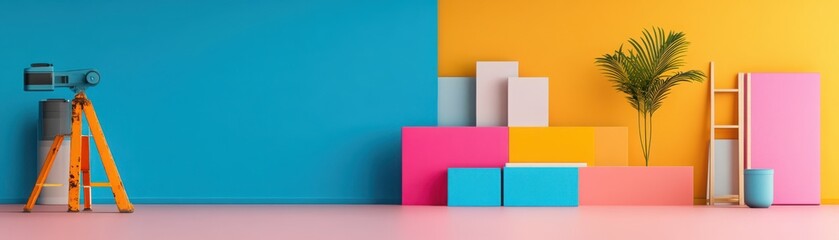 Bright and colorful interior design with vibrant walls and geometric shapes, perfect for modern home decor inspiration.