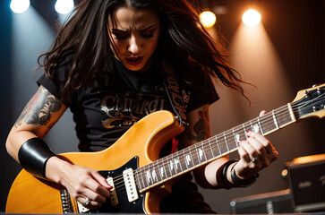 Obraz premium female Heavy metal guitarist and vocalist on stage at a concert full of strength and anger