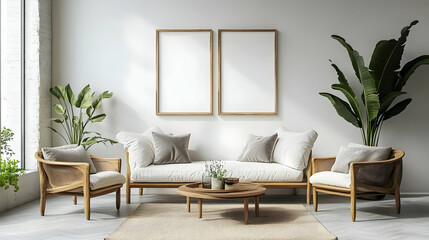 Minimalist living room interior with two armchairs, a sofa, a coffee table, and two frames.