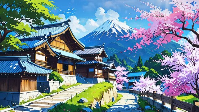 A picturesque view of a Japanese village nestled in the foothills of Mount Fuji, with cherry blossoms in full bloom.