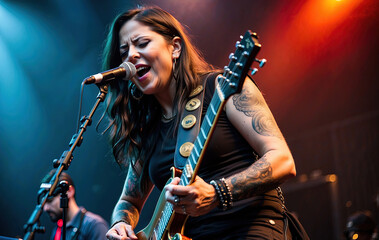 female Heavy metal guitarist and vocalist on stage at a concert full of strength and anger