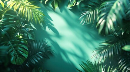 A serene and lush tropical paradise with palm fronds, sunlight filtering through the canopy,