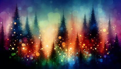 Fototapeta premium Abstract depiction of a forest at dusk tall dark evergreen trees against a colorful background. The scene is illuminated by numerous glowing orbs of light in warm hues of orange yellow and cool blues 