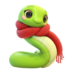 Fototapeta premium Green snake in red scarf isolated on transparent background. Cute animal character, zodiac sign. Symbol of Chinese New Year 2025. 3d illustration for design banner, poster, card