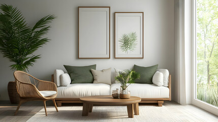 Minimalist living room with white sofa, wooden coffee table, and two framed botanical prints.