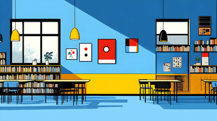 Minimalist modern interior with a yellow wall, blue ceiling, and two black tables with chairs in front of a bookshelf full of books.