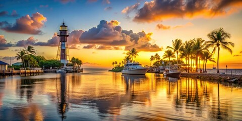 Naklejka premium Serene sunset over Hillsboro Inlet Lighthouse, warm golden light illuminates the tranquil waters, palm trees sway, and sailboats docked at the marina.