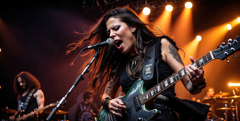 female Heavy metal guitarist and vocalist on stage at a concert full of strength and anger