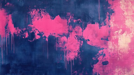 Painting of pink, blue, and white abstract texture art with drips and splashes