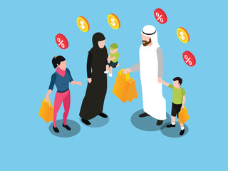 Happy muslim arabic family after shopping, isolated on white background. Arab people father, mother, son, daughter, standing together in traditional islamic clothes 3d isometric vector illustration