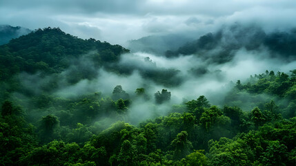Obraz premium Misty morning fog over a lush green forest.