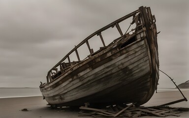 Old boat on beach. Weathered fishing boat lying on a rocky beach