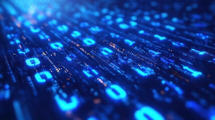 A close-up image of binary code on a blue and black background,