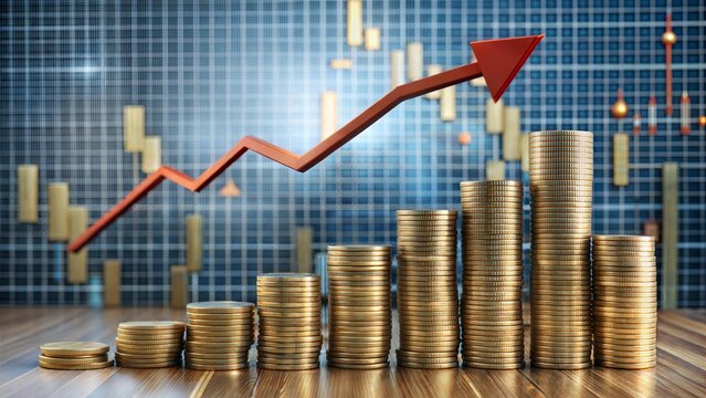 Falling interest rates concept with a descending graph and coins dropping, symbolizing economic impact