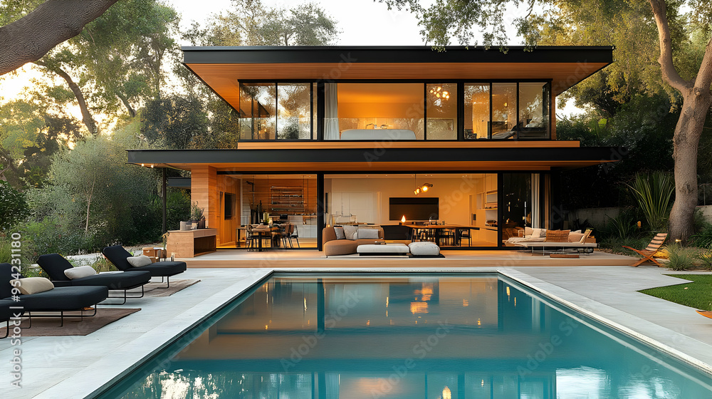 Poster Modern home with a swimming pool and large windows.