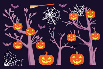 Halloween illustration background with tree branches and pumpkins on purple background