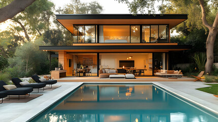 Fototapeta premium Modern home with a swimming pool and large windows.