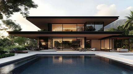 Fototapeta premium Modern house with a pool and patio.